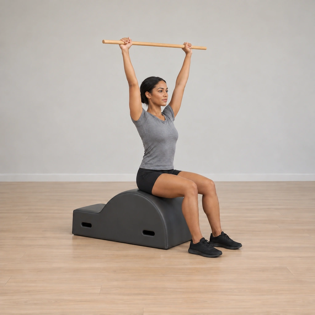 She is back tall on top of her sit bones, spine long, the dowel overhead - the completed return.