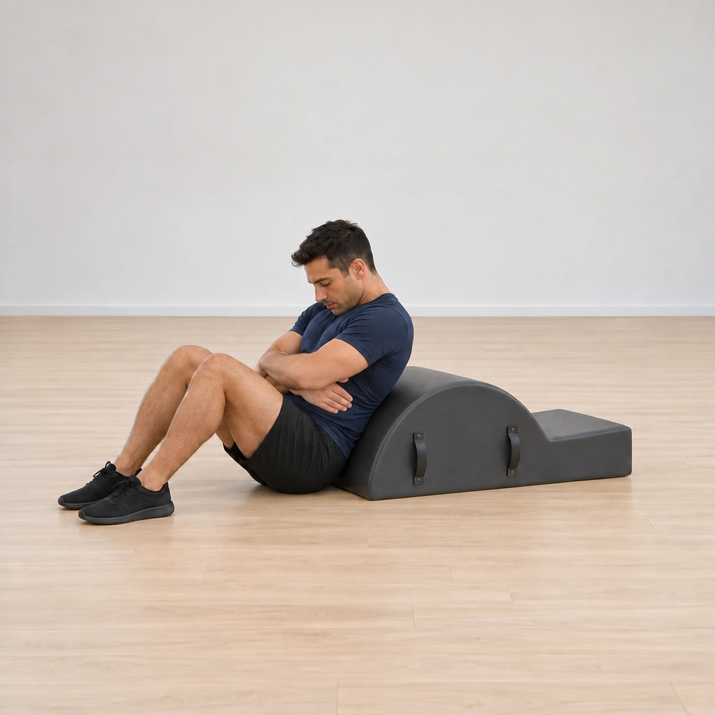 His tailbone curls under as he rolls back toward the barrel, the feet pressing down and pulling back, the arms still wrapped around the waist.