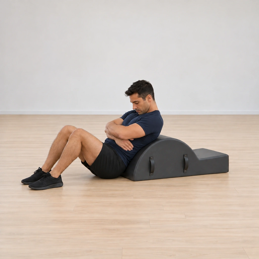 His spine articulates down bone by bone over the barrel's curve, the hands optionally on the corrector's sides, the feet still pressing and pulling back.