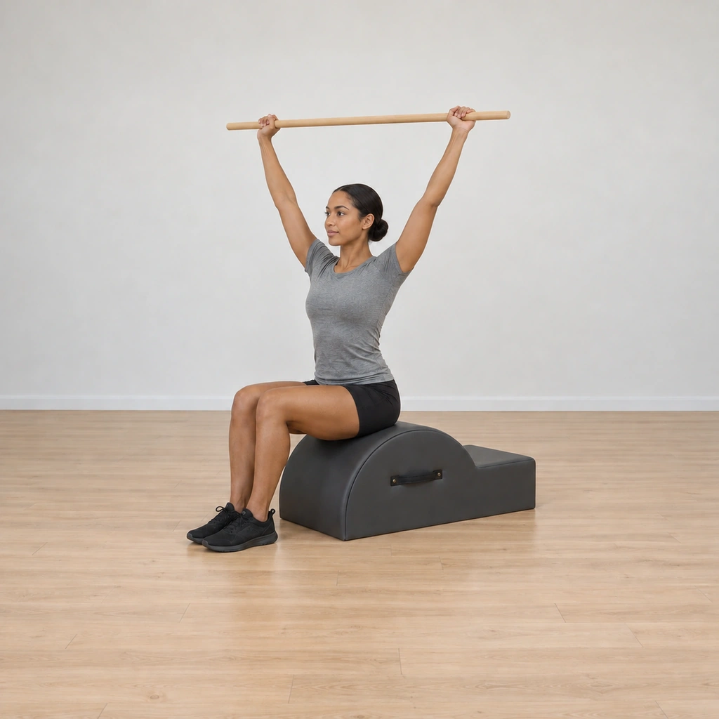 She is upright at center again, tall through the waist, the pole overhead, hips square.