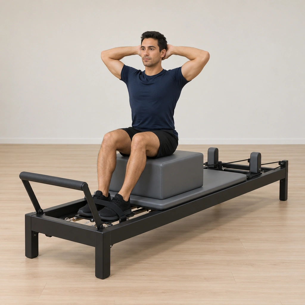 A man sits tall on the short box across the reformer carriage, feet under the foot strap, knees bent, hands clasped behind his head.