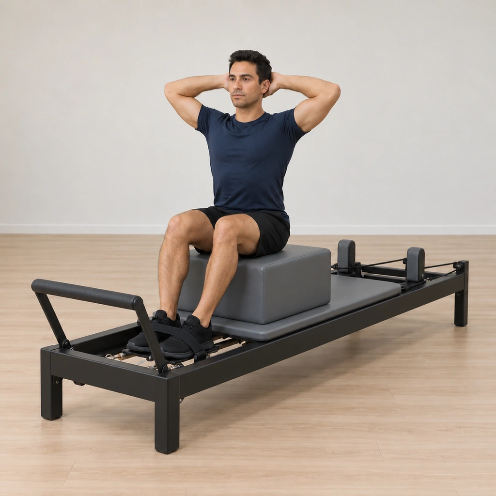 He lifts his trunk back to the tall upright seat, hands still behind his head, pelvis level.
