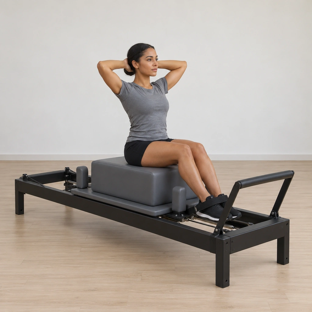 A woman sits tall on the short box across the reformer carriage, feet under the foot strap, knees bent, hands clasped behind her head.