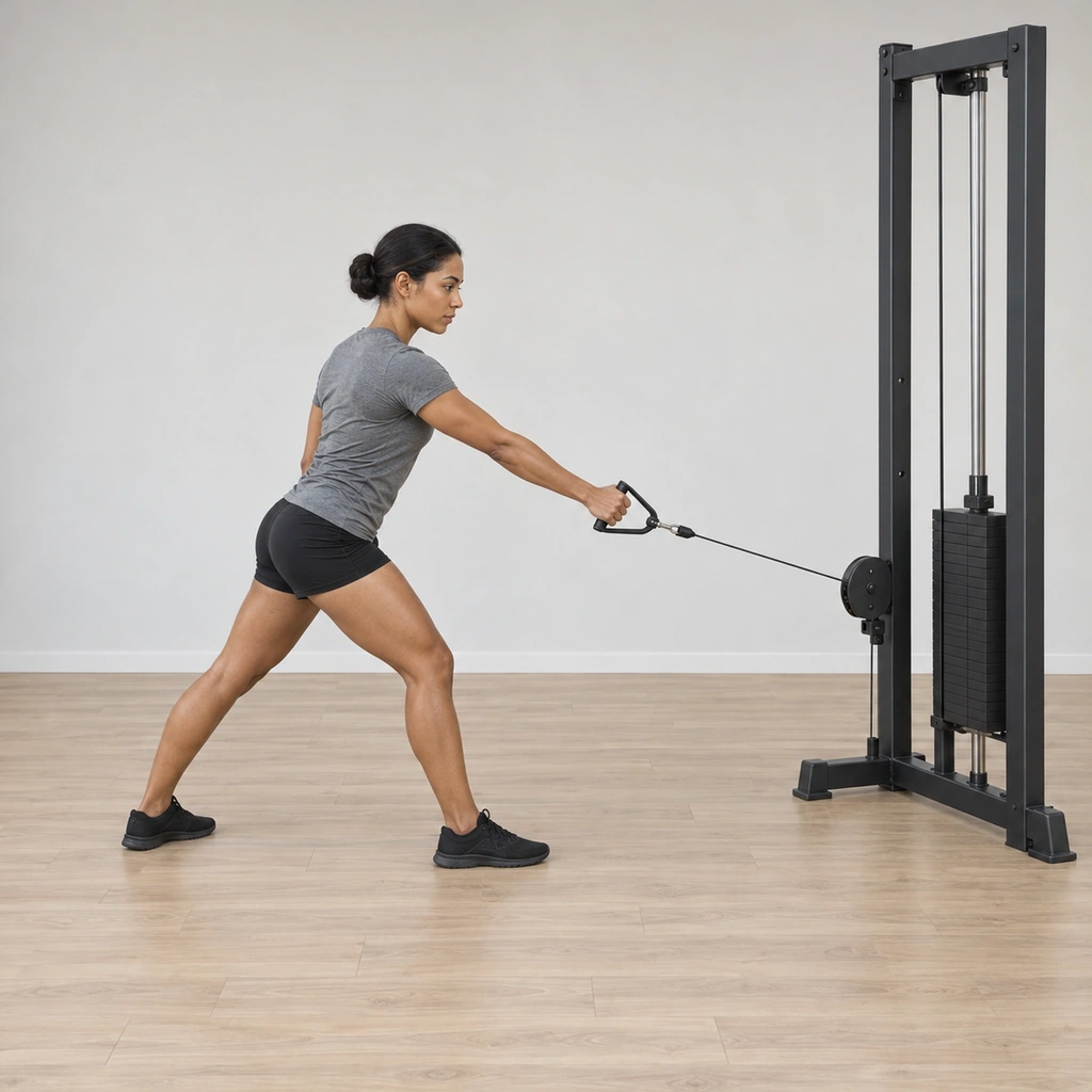 She stands in a wide-split staggered stance facing the low pulley: left foot forward, right foot back, her right arm extended holding the cable handle palm-down, the right shoulder reached forward, cable taut.