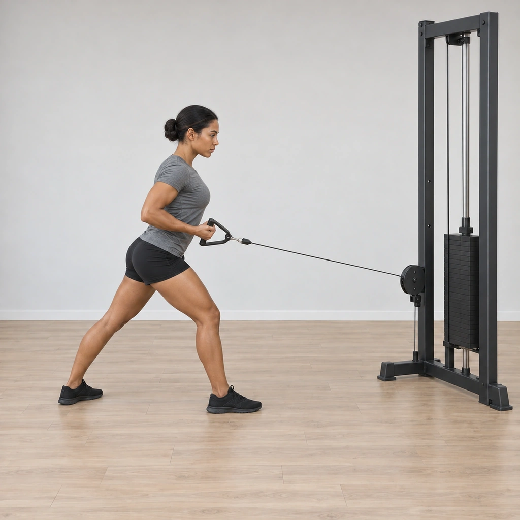 She is mid-pull: right shoulder drawing back and elbow flexing as the handle travels toward her side, the wrist beginning to turn palm-up, split stance planted, torso quiet.