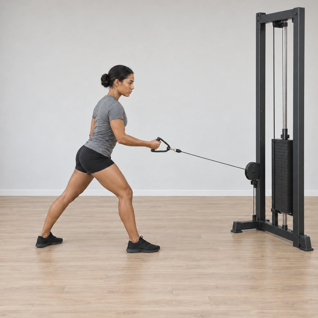 She is mid-return: right arm extending back toward the pulley as the palm rotates back toward down, the shoulder easing forward again, split stance and quiet torso unchanged.