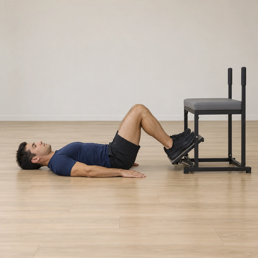 He lies supine on the floor with his hips toward the wunda chair, the arches of both feet resting on the raised spring pedal with the knees bent at ninety degrees, his arms long by his sides and his gaze at the ceiling.