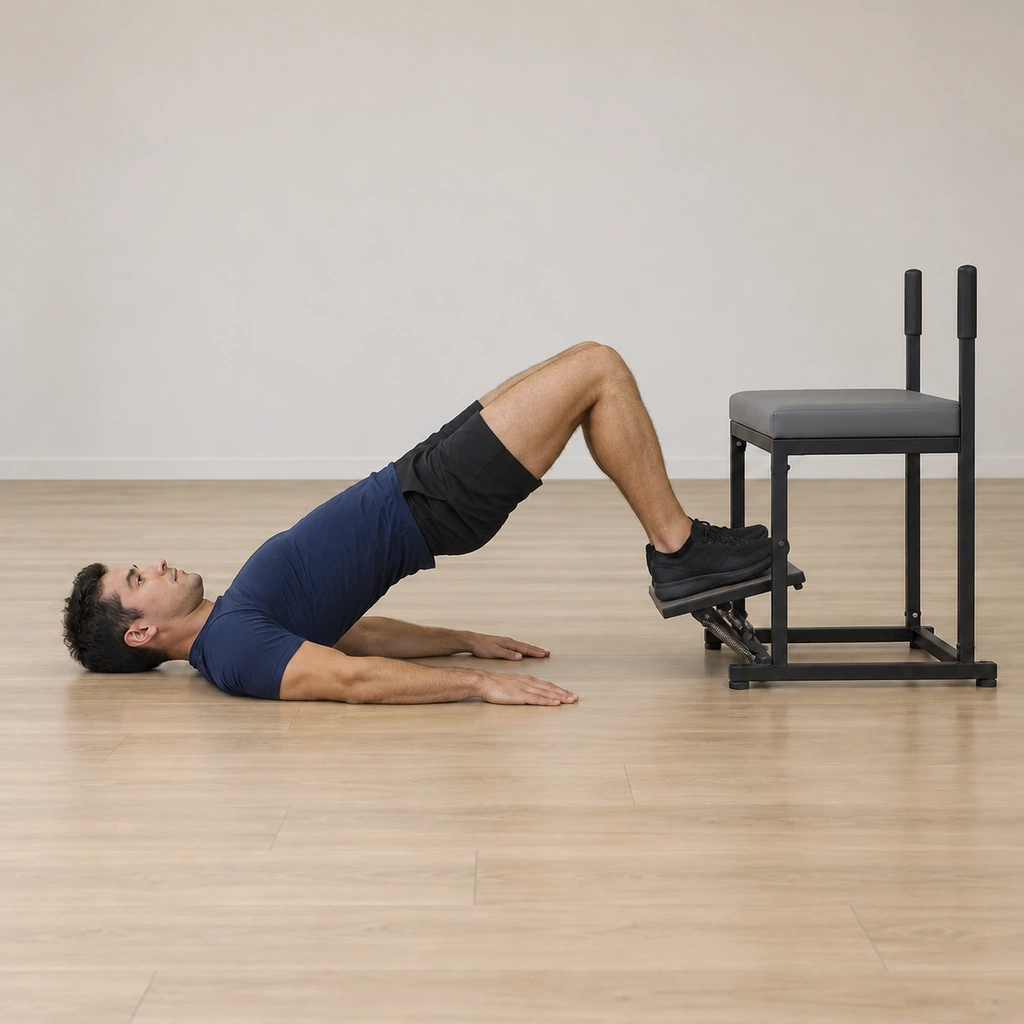 His hips stay lifted in the bridge while his legs pull the spring pedal down and back up, the drive coming from his hamstrings and seat rather than his feet.