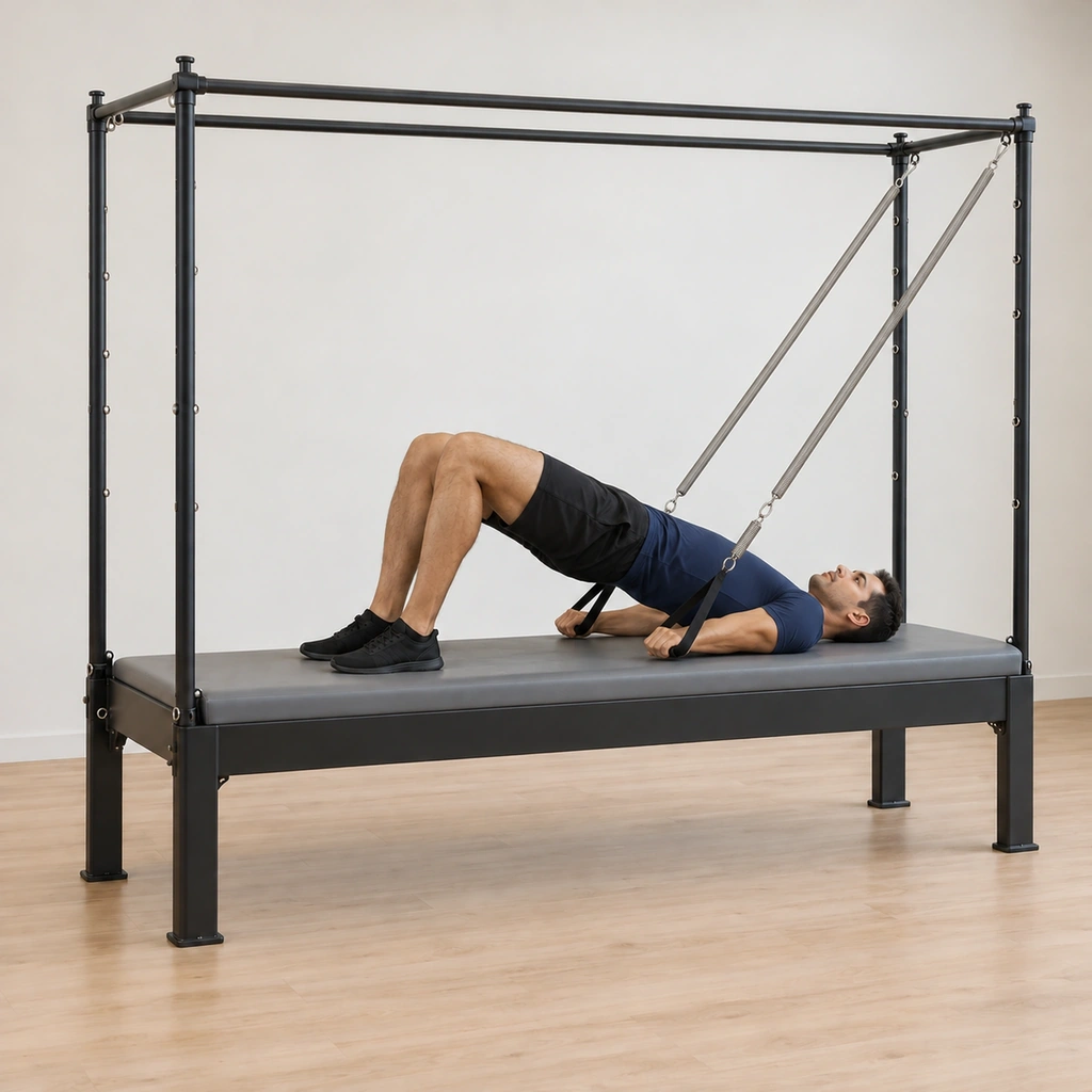 His arms have pressed the spring handles down toward the mat while his hips lift into a bridge, his feet pressing evenly into the table.