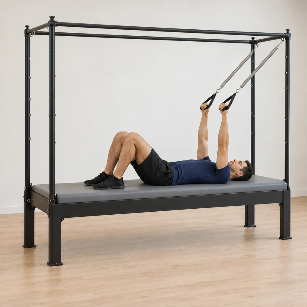 His hips have rolled back down to the table while his arms return overhead toward the ceiling, the springs easing closed evenly.