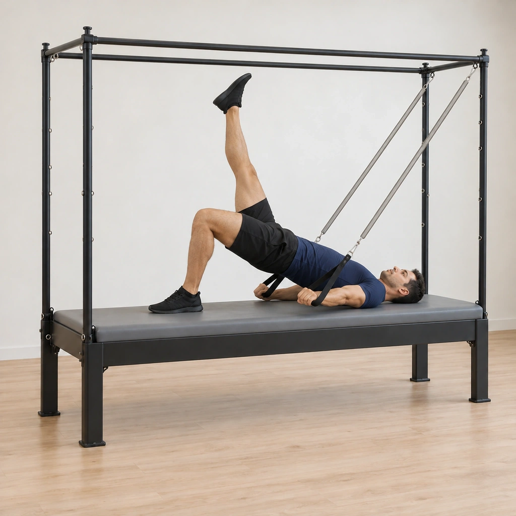 His hips are lifted in the bridge with one leg reaching up toward the ceiling, the standing foot pressing evenly and the springs loaded through both arms.