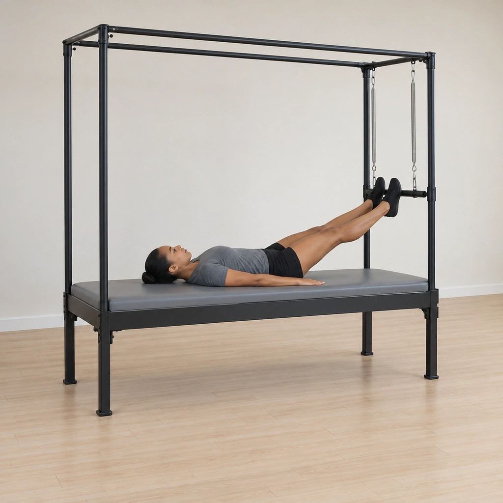 She lies supine on the table top with the arches of both feet resting on the sprung push-thru bar, her legs straight and the bar held in front of the vertical poles, her arms long by her sides.