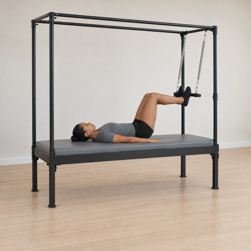 Her knees begin to bend as she draws the push-thru bar in toward her body, her arches keeping their contact on the bar as the top spring takes up the load.
