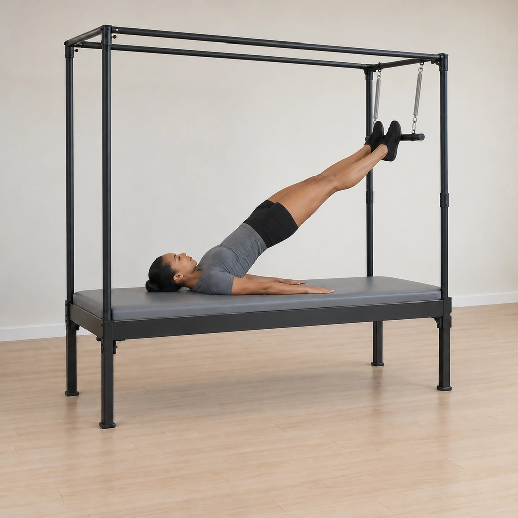Her legs have driven the push-thru bar up toward the sky as her hips lift off the table, her body balancing inverted on her shoulders and upper back with the bar held high overhead by her feet.
