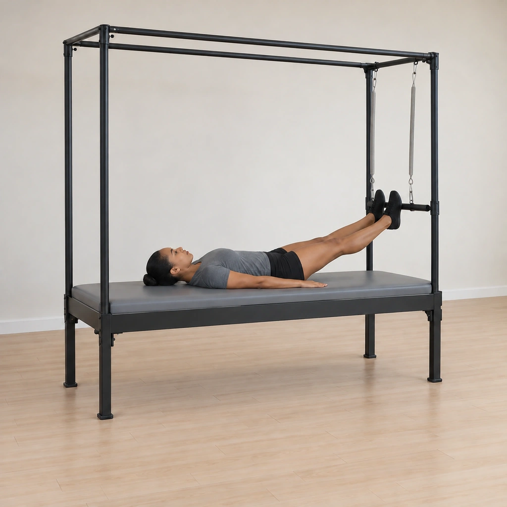 Her hips lower back toward the table as her spine rolls down through its length, the push-thru bar easing back toward its start line under her feet.