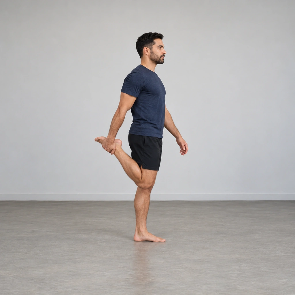 A man standing tall on one leg, his other foot folded up behind and held by his hand, balanced and upright.