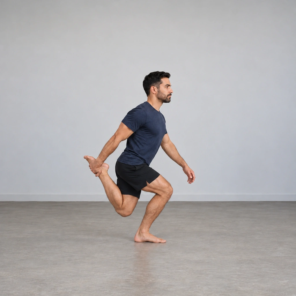 A man mid-descent in a shrimp squat, sinking on one leg while holding the rear foot, torso slightly forward.