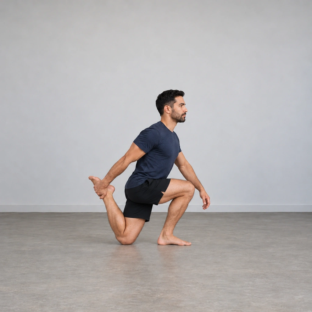 A man at the bottom of a shrimp squat, rear knee touching the floor, foot still held, torso forward over the standing leg.