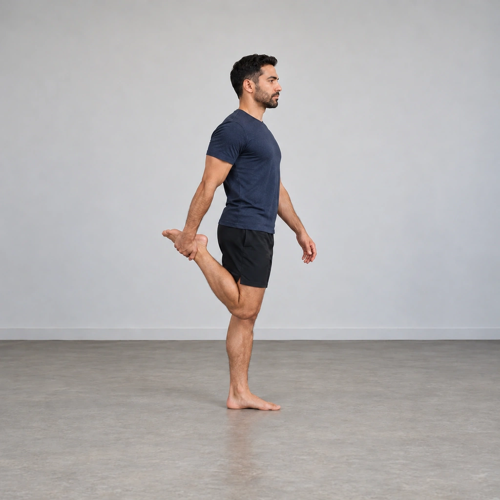 A man driving back up from a shrimp squat bottom, rising on the standing leg, rear foot still held, nearing upright.