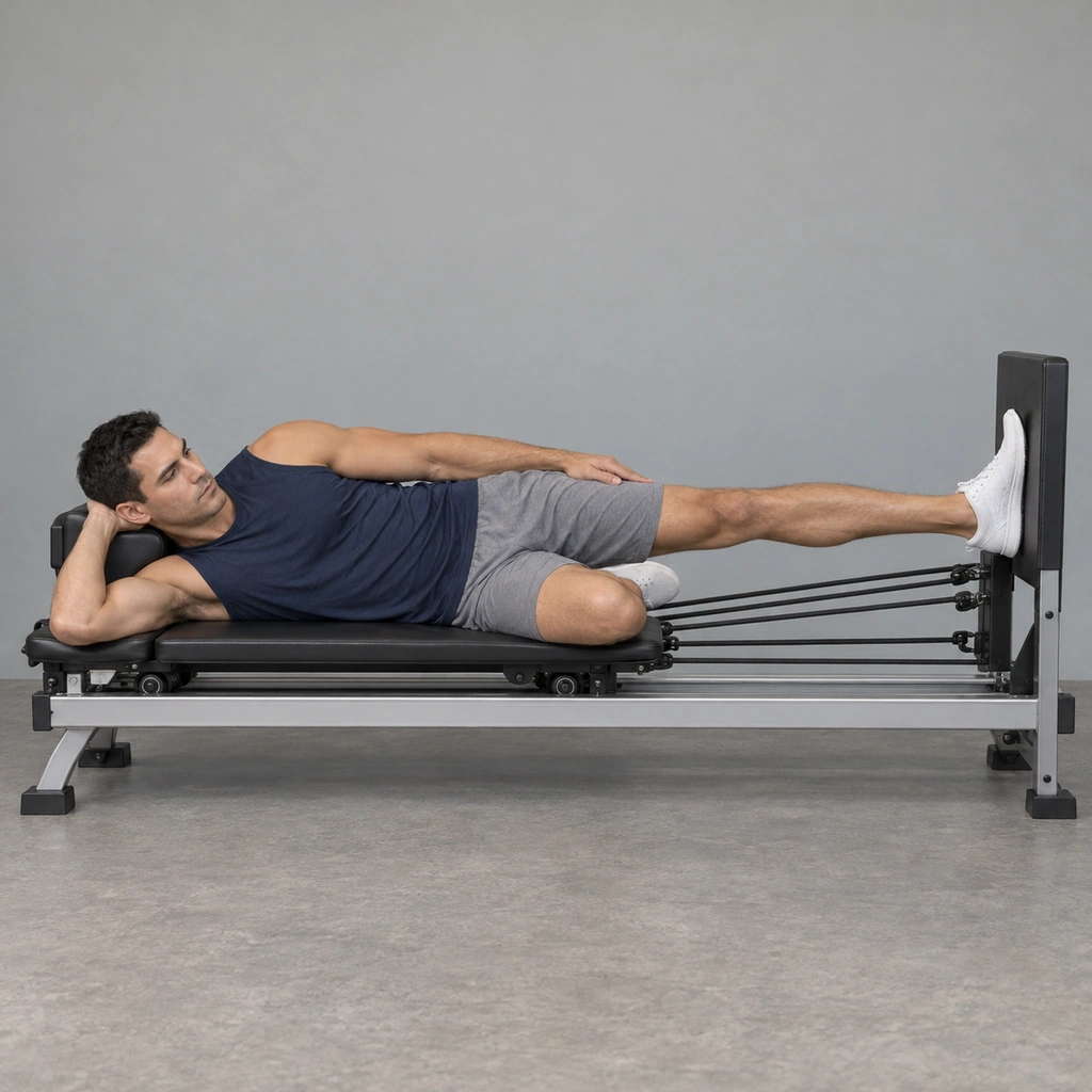 A man lying on his right side on a sliding carriage close to a fixed kickplate, his straight left leg's foot pressed against the plate, right leg bent and tucked away.