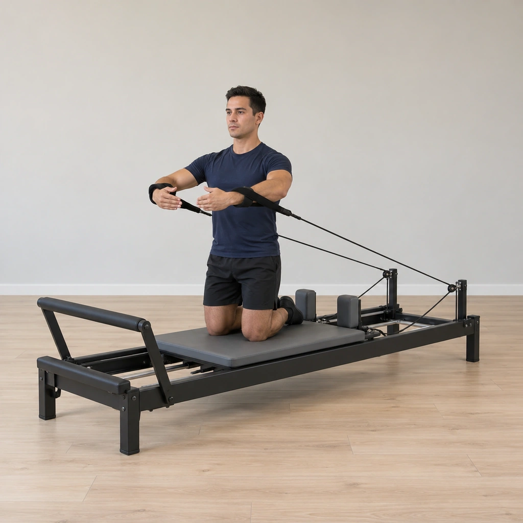 A man kneels upright centred on the reformer carriage, both arms rounded in a hug-a-tree line in front of his chest, the rope straps resting taut on his forearms.