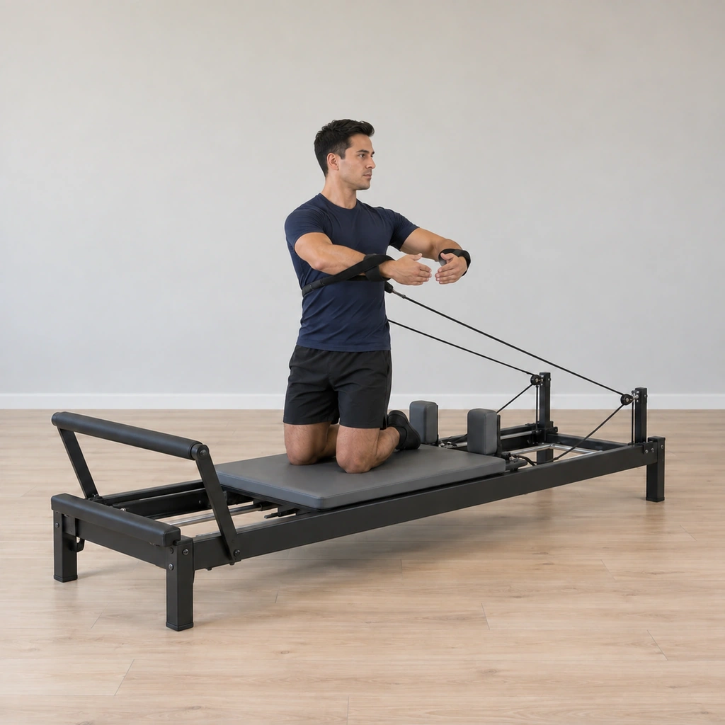 He holds the full waist rotation to the right, shoulders still down, the rounded arms carried across.