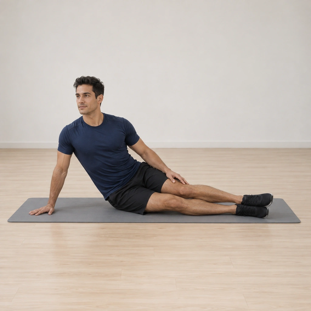 He sits on one hip on the mat, his knees slightly bent and his same-side hand planted just in front of his shoulder with the fingers away, the hand and feet on one line.