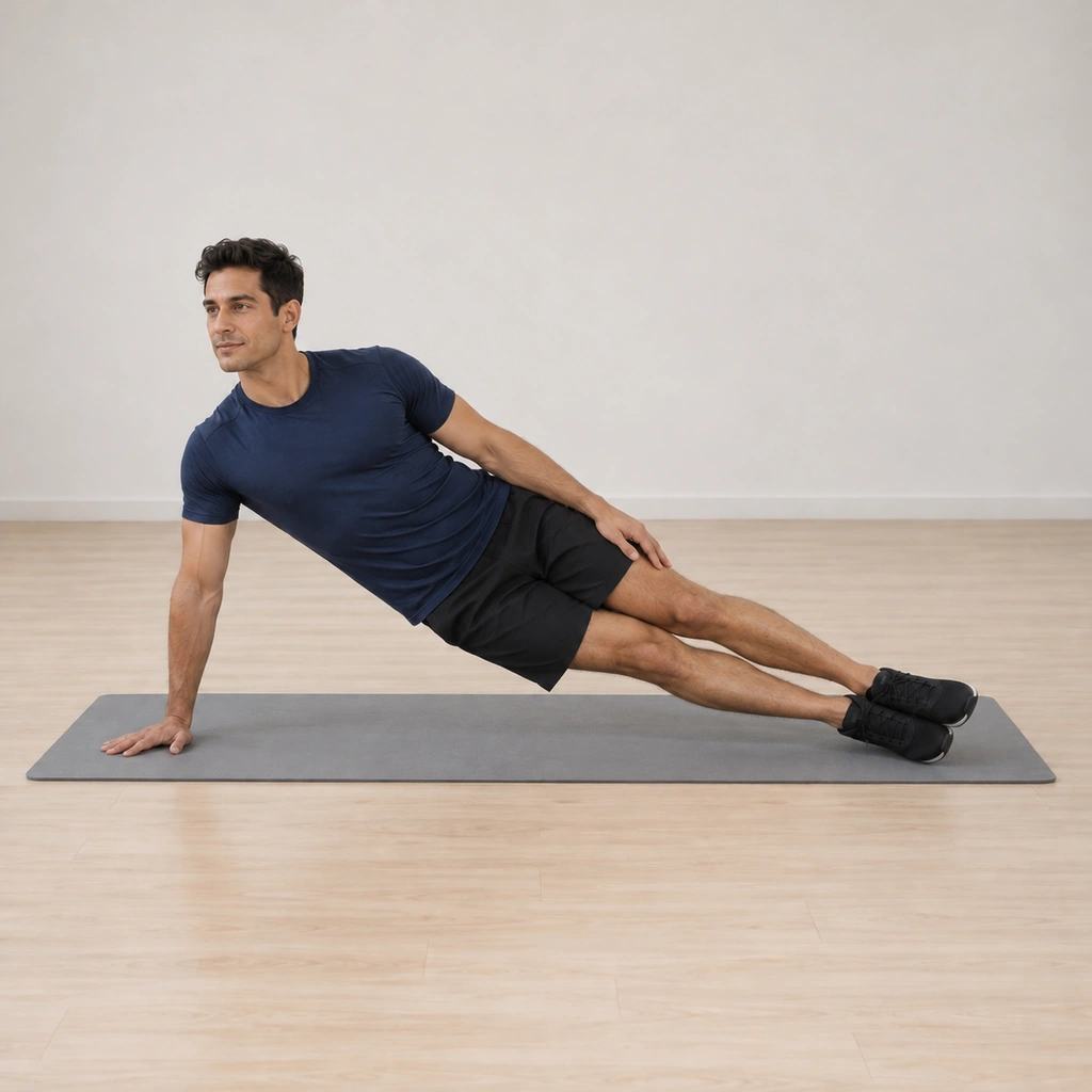 He is lifted into a side plank standing on his planted hand and feet, his hips stacked upward and his chest open toward the front.
