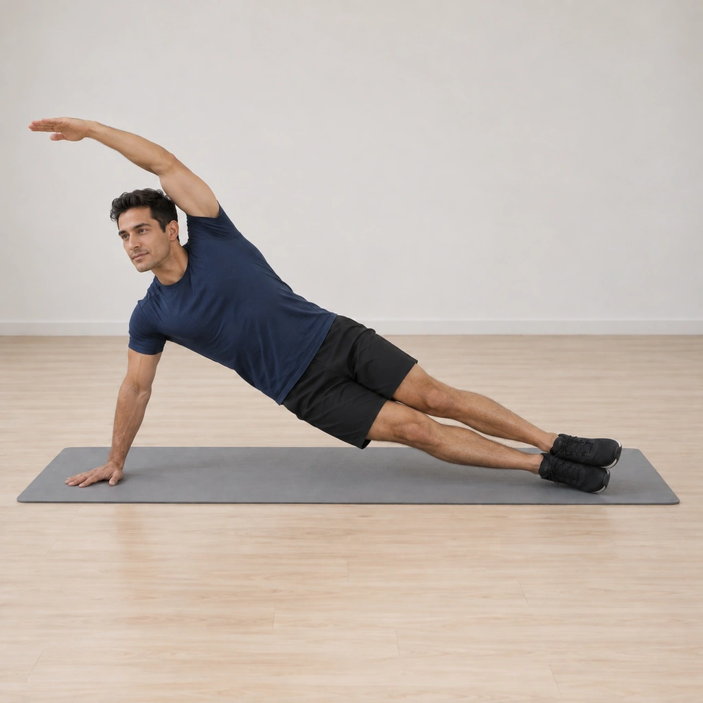 His hips dip toward the mat under control while the planted hand and feet keep the side line, the legs straight.