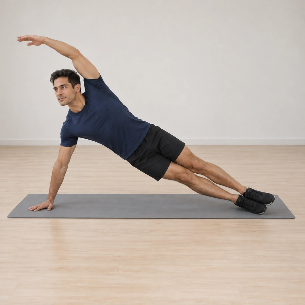 He lifts his hips back up with straight legs as his top arm arcs up and over his head, his gaze held forward.