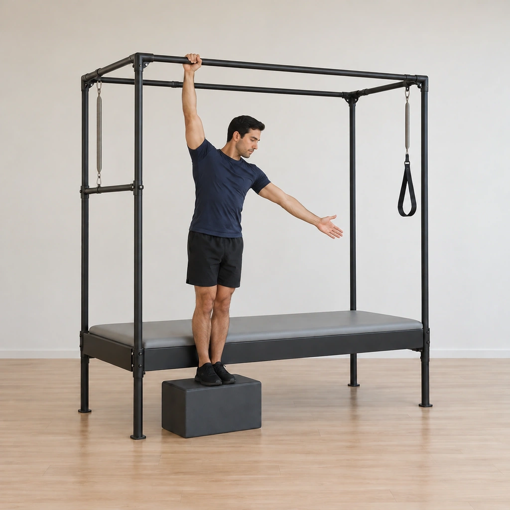 One hand releases the top bar and floats away as his gaze turns down to follow it, the other hand holding, his legs still hugged on the box.