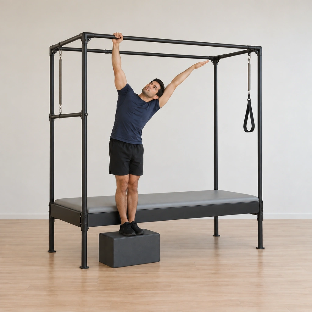 His waist reaches to the side drawing his torso into a side arc, the released arm straightened but connected to his back, the held hand anchoring on the top bar.