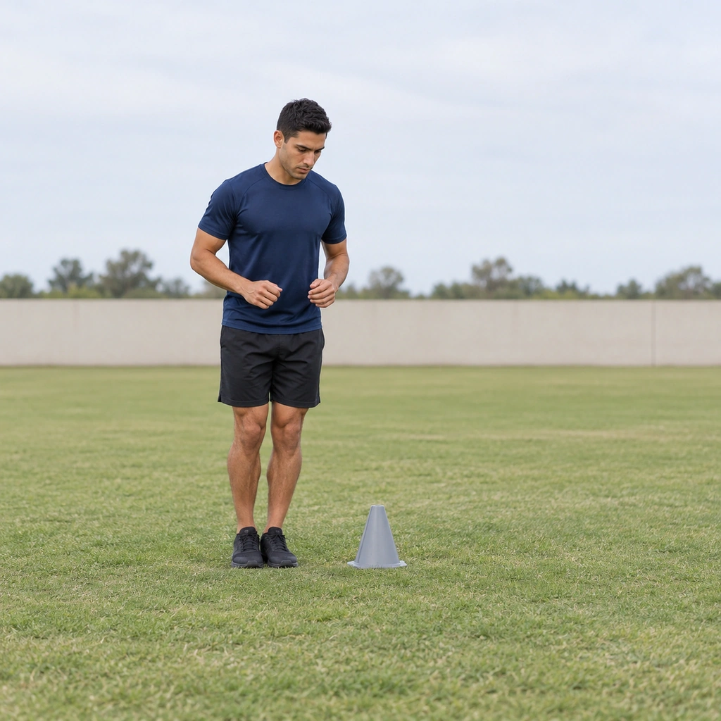 He stands beside the low cone, feet together, knees soft and weight balanced to spring sideways over it.