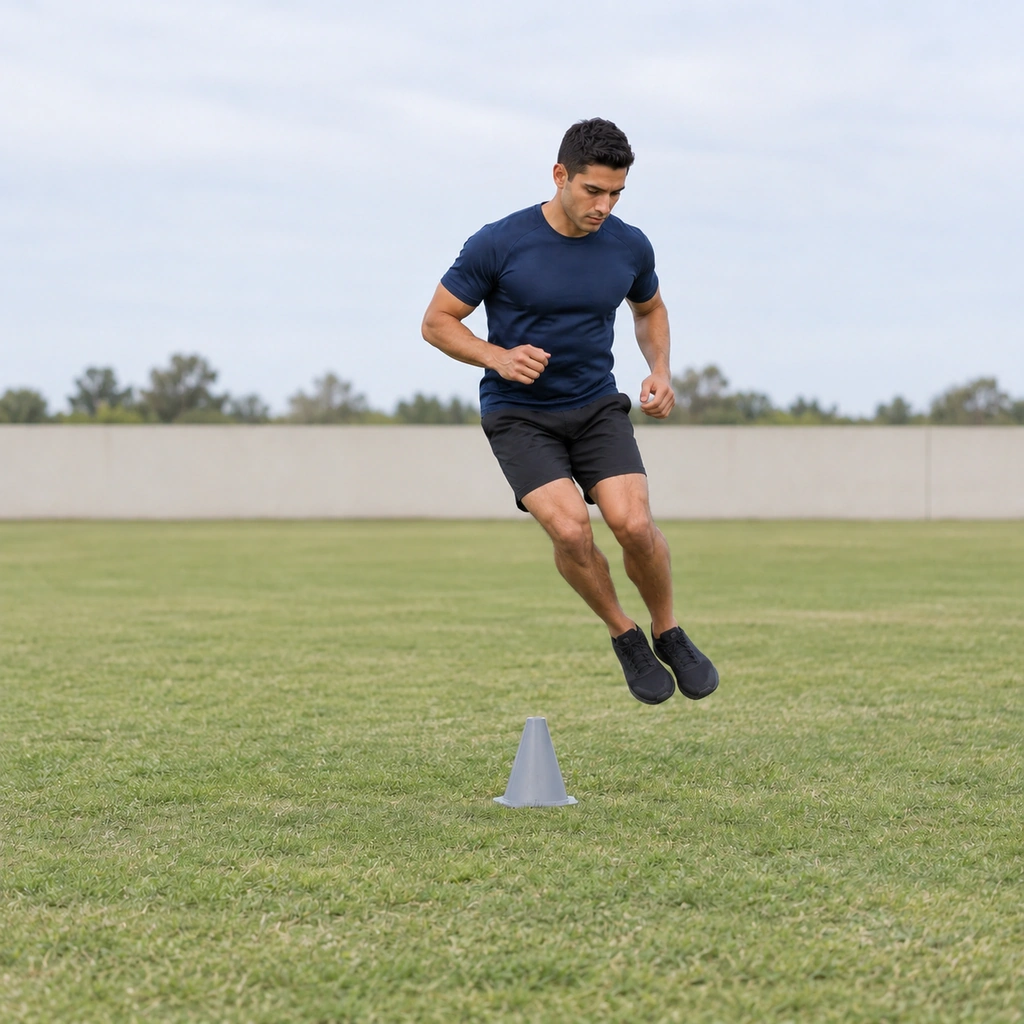 He is mid-hop over the cone, both feet off the ground and knees tucked, travelling laterally across the obstacle.