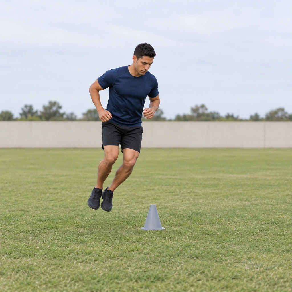 He is bouncing straight back the other way, both feet again off the ground re-crossing the cone toward his start side.
