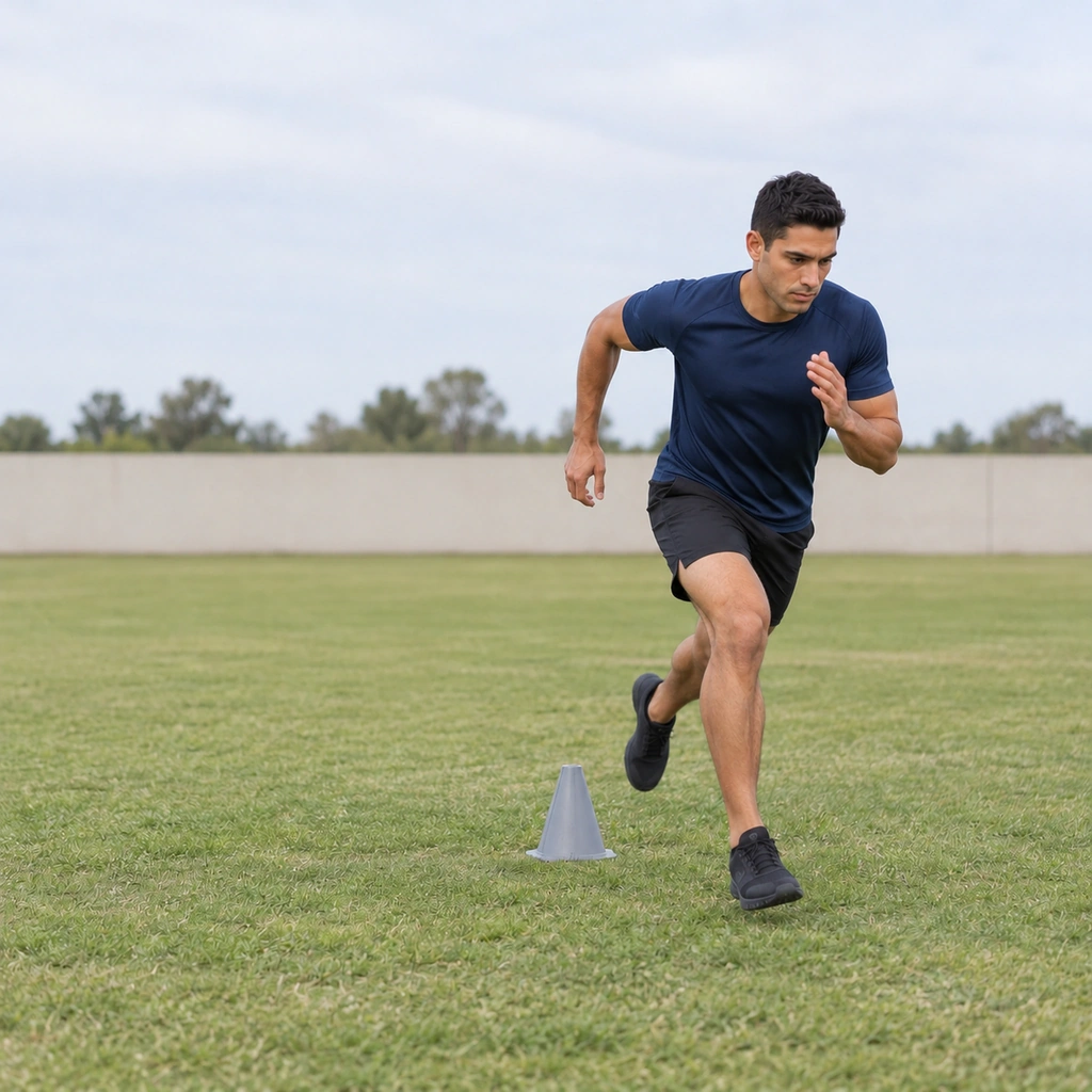 He has landed the final hop and is now driving forward into a sprint, body leaning ahead, legs extending into the first sprint steps away from the cone.