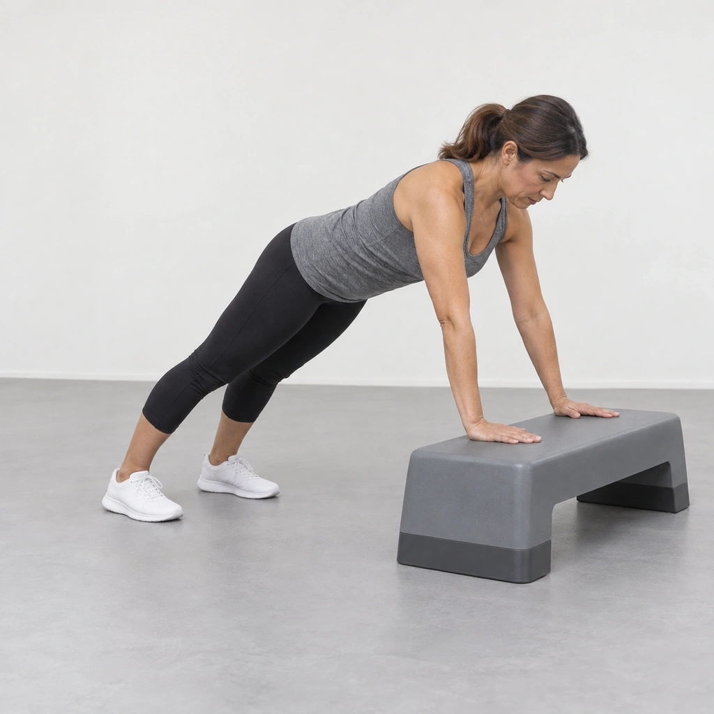 A woman leaning forward with both hands flat on a low step, her body forming one straight diagonal line from her head to her feet, both feet planted on the floor.