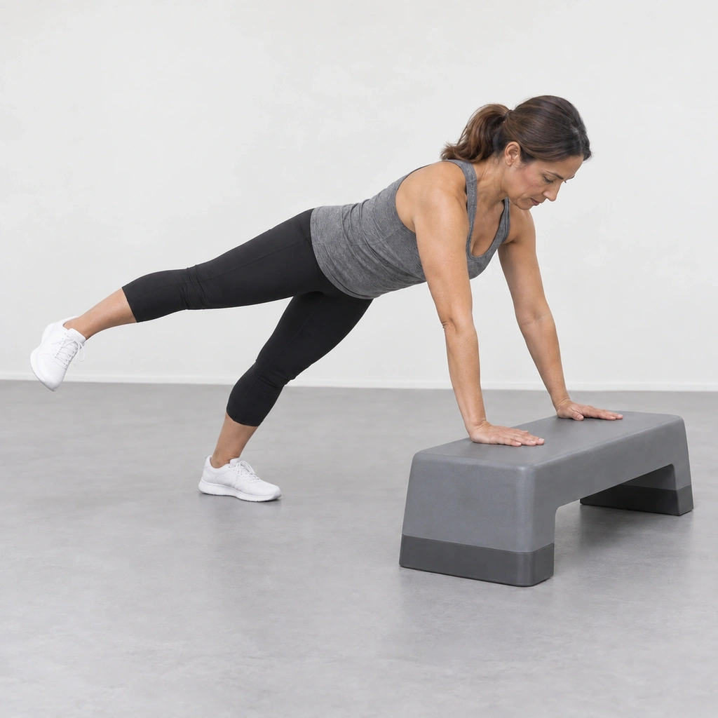 The same woman still leaning on the step with both hands flat, her right leg now lifted straight out to the side and held hovering just above the floor while her left leg stays planted.