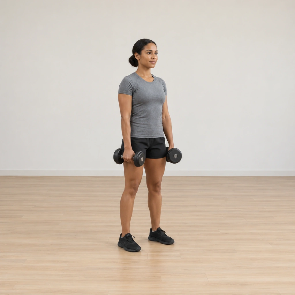 She stands tall, a dumbbell in each hand hanging at her sides, elbows kept at a slight fixed bend.