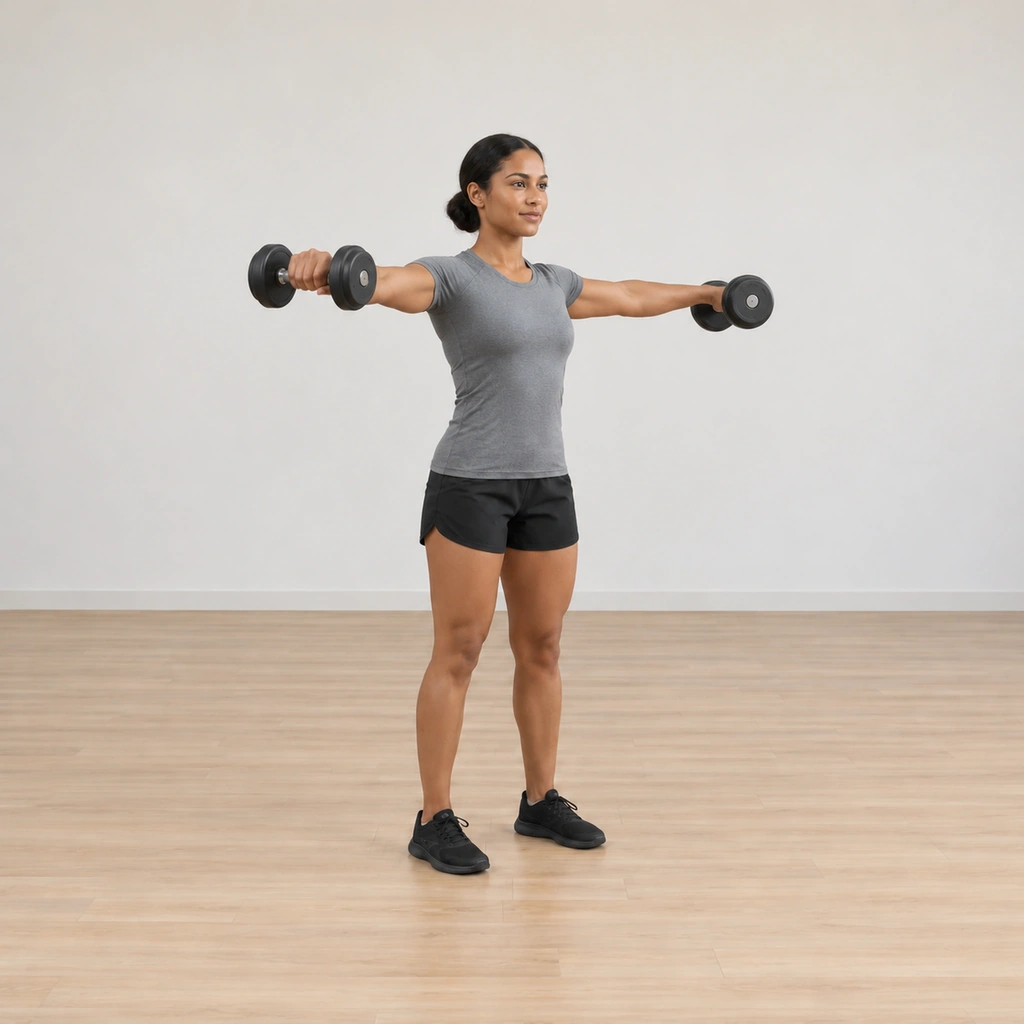 She raises both dumbbells out to her sides to shoulder height, arms extended with the slight elbow bend kept, palms down.