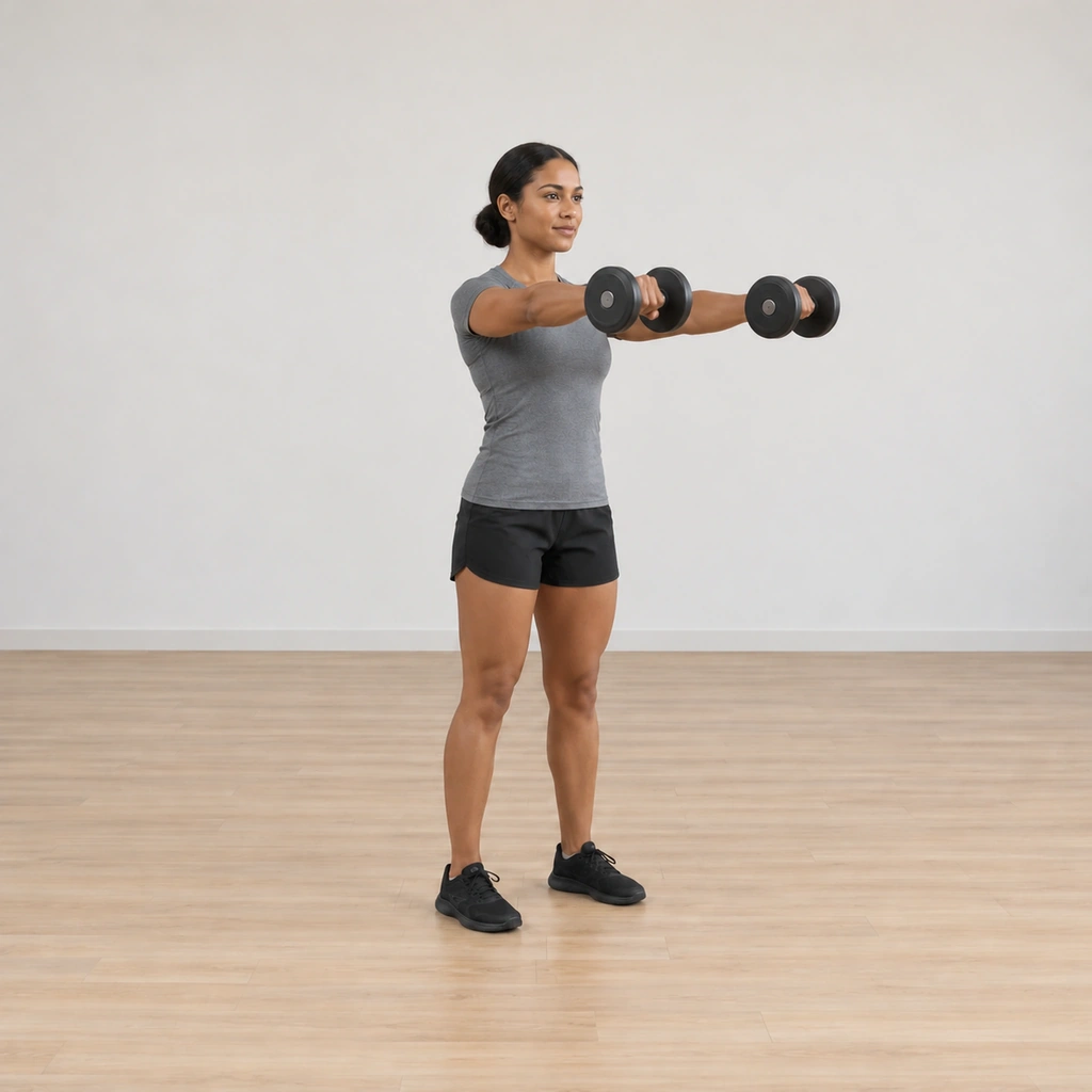 She moves both dumbbells forward at shoulder height, arms extended, so the bells come together in front of her shoulders.