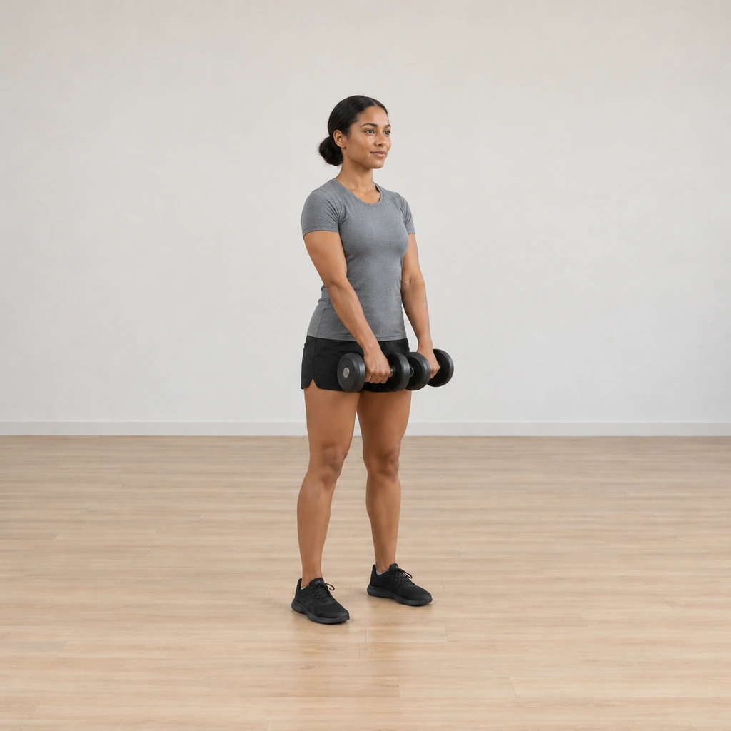 She lowers both dumbbells through the front in a controlled motion back toward the start, elbows keeping their slight bend.