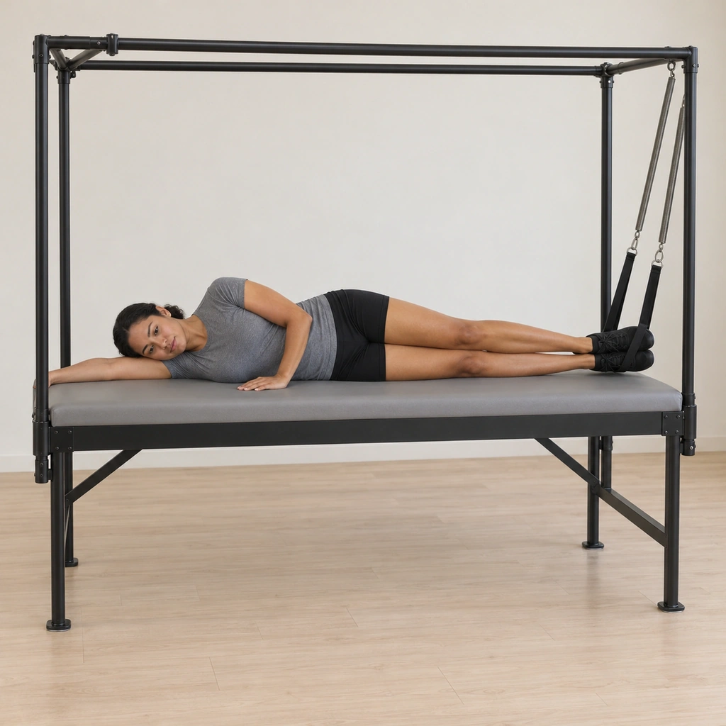 She lies on her side along the back edge of the cadillac table with her bottom leg toward the front of the mat flexed and pressed down, her top foot in the sprung strap, her heels squeezed together and her head on her bottom arm.