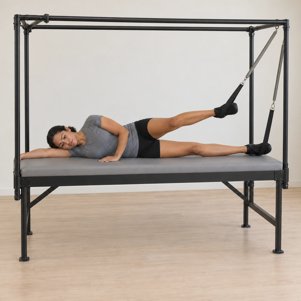 Her top leg in the strap is reached forward over the table while her pelvis stays quiet, her bottom leg pressed and her head resting on her arm.