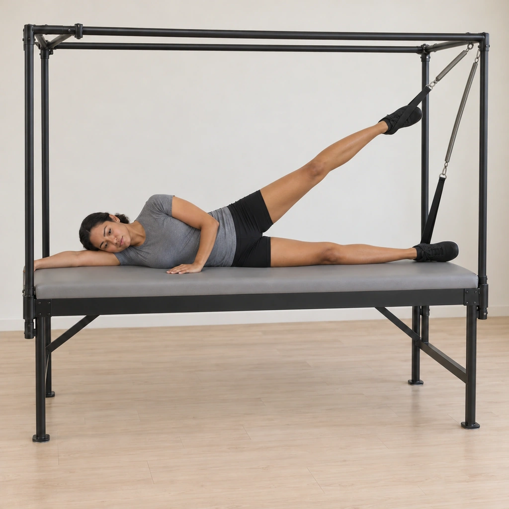 Her top leg is drawing through the top of the big circle - up and back around - while her pelvis stays still, the sprung strap guiding the arc, her bottom leg still pressed.