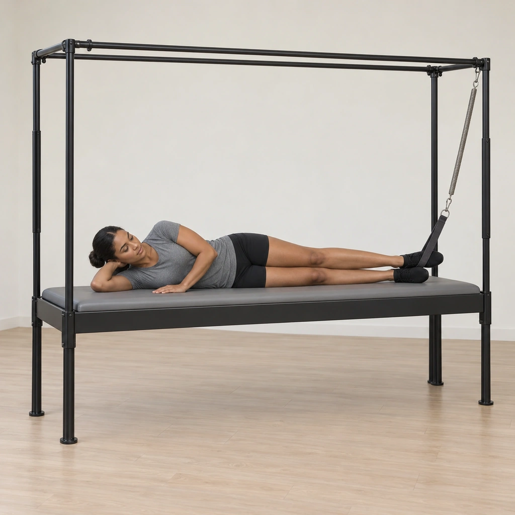 She lies on her side at the cadillac table's back edge with her head on her bottom arm reaching up the pole, her bottom leg toward the front of the mat and her top foot in the sprung loop, the top leg stacked, turned out and pointed.