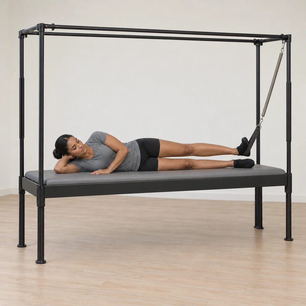 Her top leg is pulling back down toward the stack with the ankle flexed, the leg still turned out, the springs resisted closed under control and her hips still stacked.