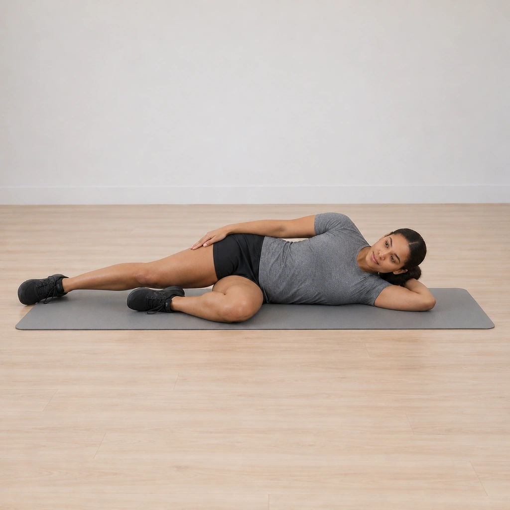 She has straightened her right leg along the mat behind her bent left leg, the right foot resting on the floor behind the left, her top arm resting along her side.