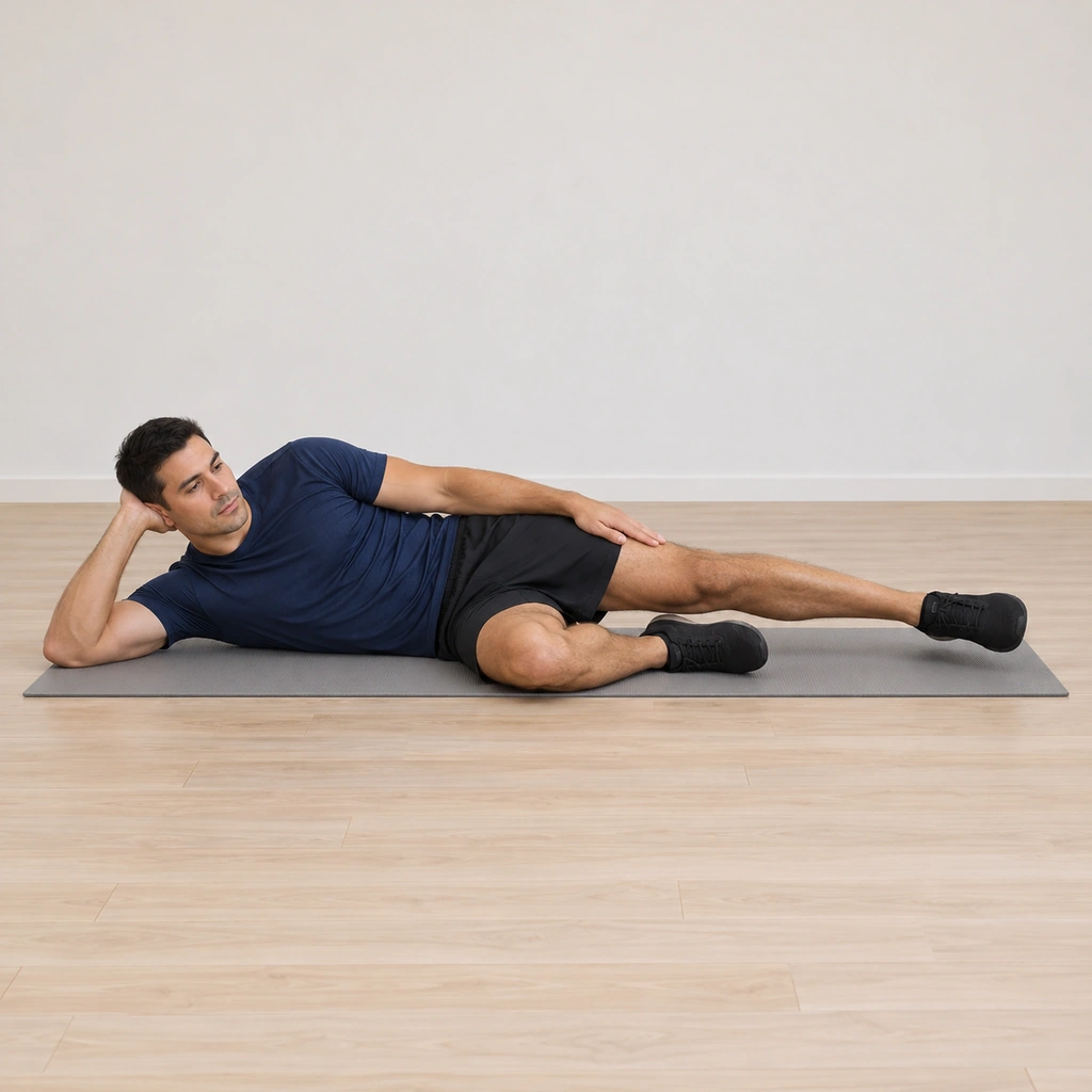 He lies on his right side on the mat, the right knee bent in front of him as a stabilizer, his head resting on his right hand and the left leg extended on top.