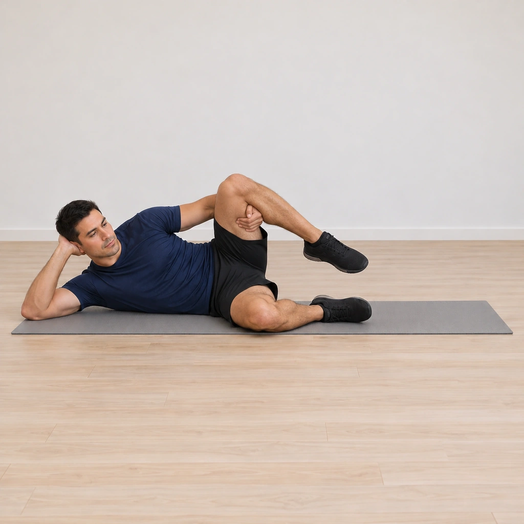 His left leg is lifted and his left hand has taken hold of the leg behind the left knee, the knee drawing toward the chest while the right knee keeps the torso stable.